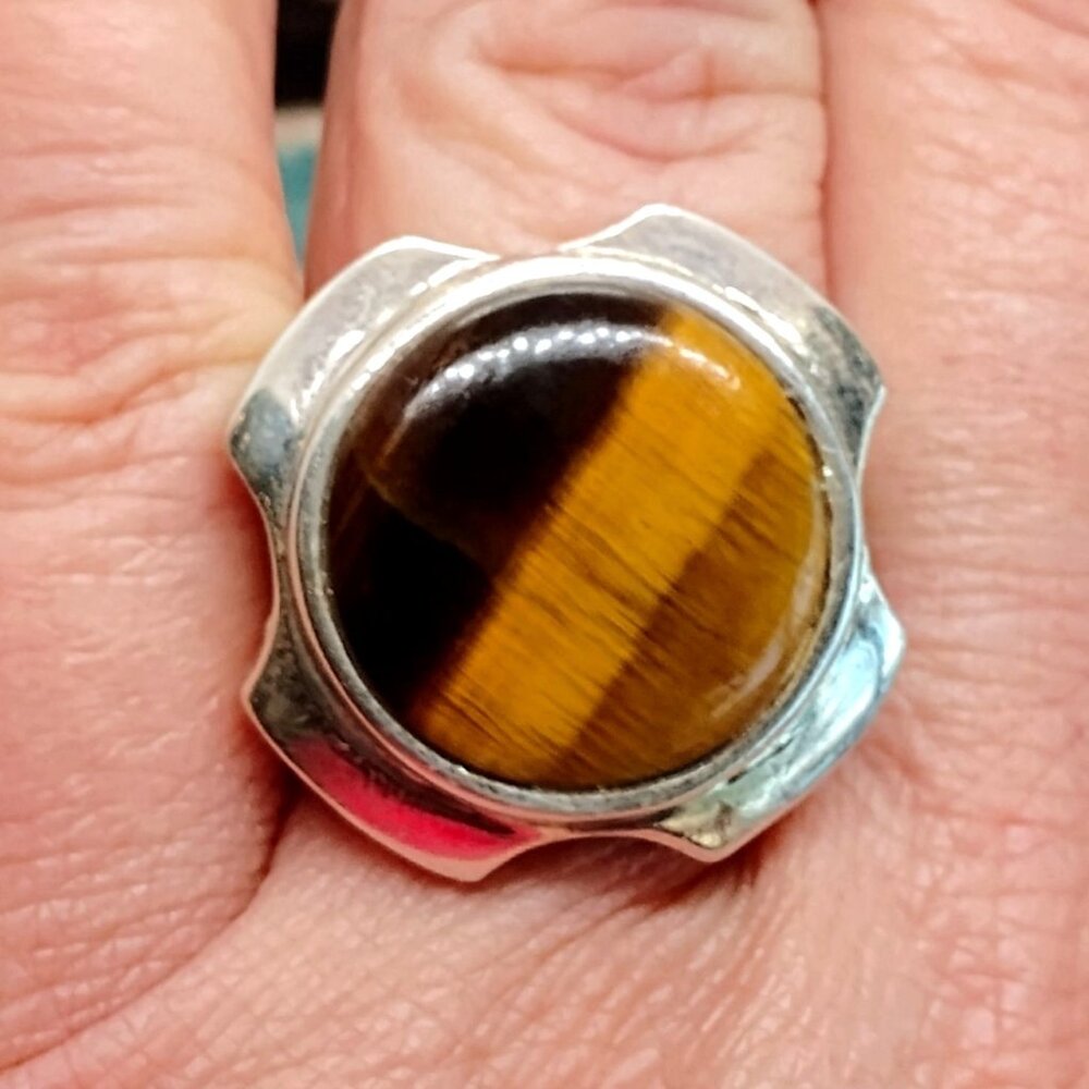 Mens Unisex Tiger's Eye Sterling Silver Statement Ring Size 8 Striped Stone